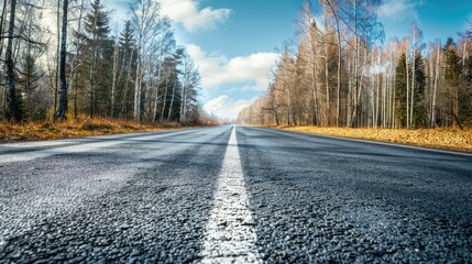 Fototapeta premium Empty road in summer through leafless forest with sky 