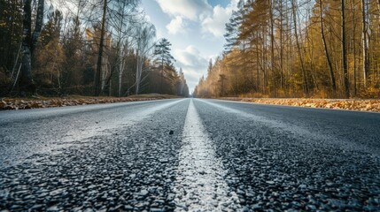 Fototapeta premium Empty road in summer through leafless forest with sky 