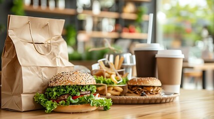 Vegan lunches and reusable shopping bags to take home in reusable coffee cups and paper containers