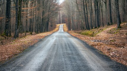 Empty road in summer through leafless forest with sky 