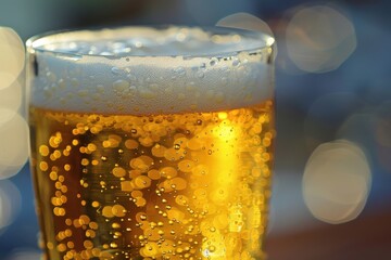 A close-up of a glass of beer with a thick head, sparkling with bubbles, set against a backdrop of soft, out-of-focus lights.