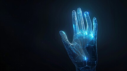 A digital rendering of a glowing blue hand, abstract and futuristic.