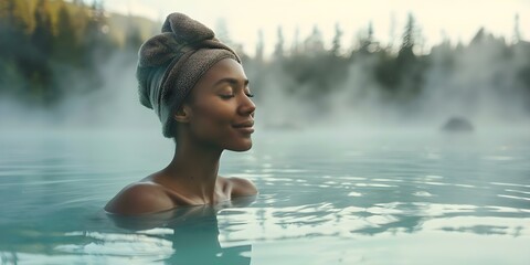 Fototapeta premium A Black woman indulges in a rejuvenating spa session in a chilly lake. Concept Spa Session, Black Woman, Chilly Lake