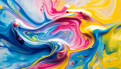Colorful liquid paint swirls, forming unique abstract patterns on paper, featuring shades like blue, yellow, pink, and red.