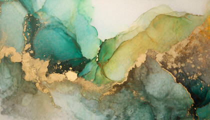 Abstract Fluid Art Painting with Gold Accents Featuring Earthy Hues of Red, Orange, Green, and Blue, Emulating a Serene Natural Landscape with Subtle Textural Contrasts. Alcohol whatercolor ink