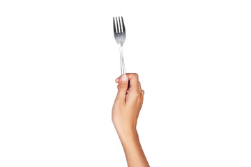 Female hand holding fork isolated transparent