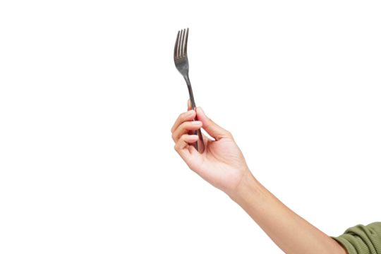 Female hand holding fork isolated transparent
