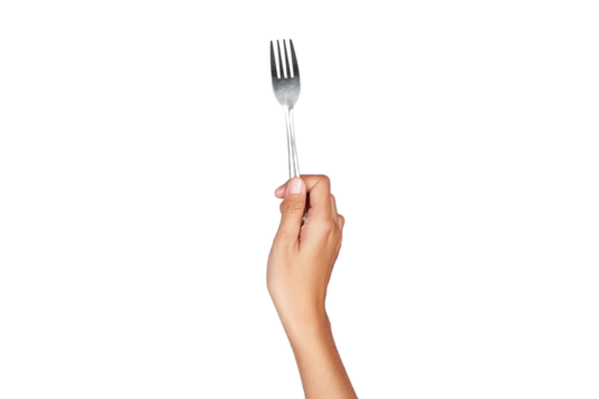 Female hand holding fork isolated transparent
