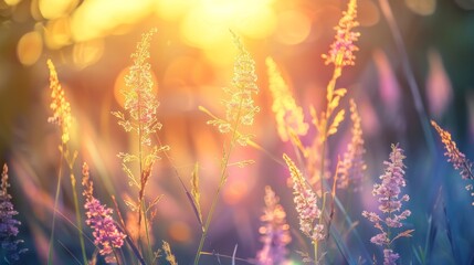 Fototapeta premium Grass flowers in nature background with sunset Soft focus beautiful flowers in the garden