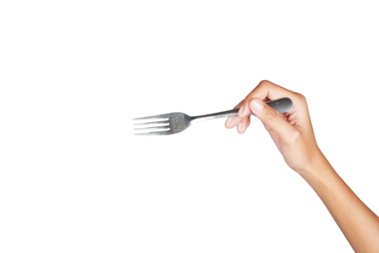 Female hand holding fork isolated transparent