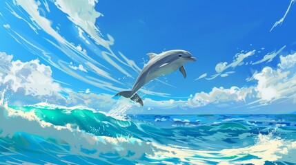 A joyful baby dolphin leaps energetically above the ocean waves under a clear blue sky with scattered wispy clouds.
