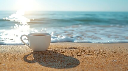 white cup with tea or coffee on sand beach front of sea close up