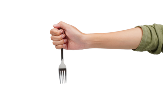 Female hand holding fork isolated transparent