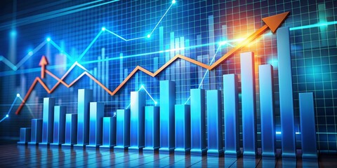 Fototapeta premium 3D Blue Bars Graph with Orange Arrow Up Showing Growth and Success