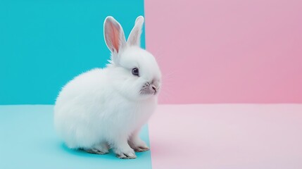 white fluffy bunny isolated on pink and blue background