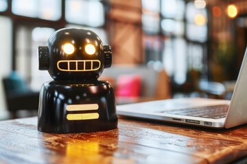 A black robot figurine with glowing eyes and a laptop sit on a wooden table, suggesting a connection between technology and companionship.