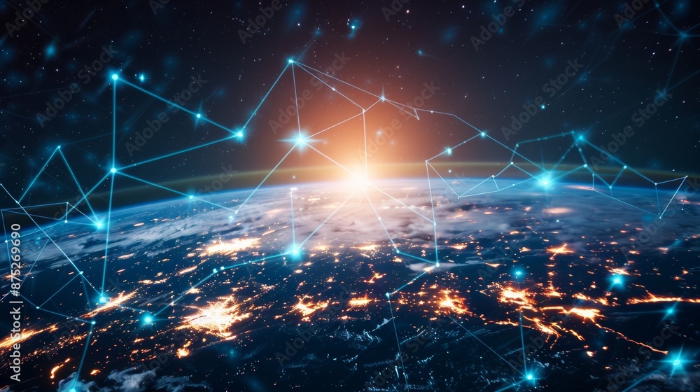 Poster global network growth concept and data connectivity abstract science technology data networks around