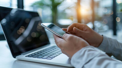 A person is using a laptop and a cell phone at the same time