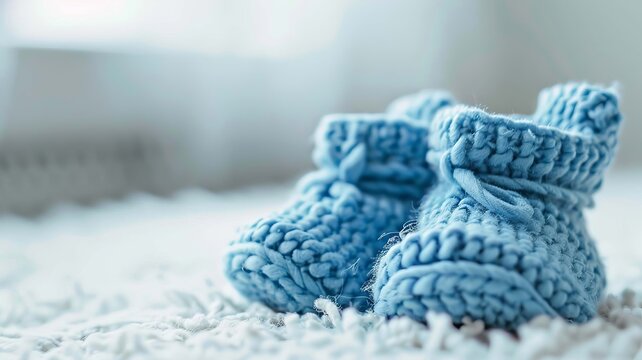 baby booties on a white background. Selective focus.