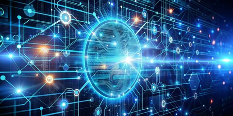 Abstract Digital Circuit Board with Blue Glowing Lines and Circle