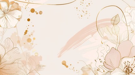 Elegant wedding invitation card background with golden line art flowers and botanical leaves. Organic shapes and abstract art design for wedding and VIP cover templates