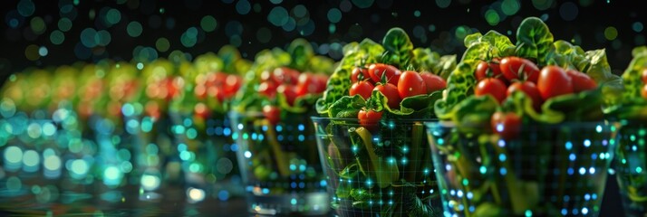 Obraz premium Red Cherry Tomatoes and Green Leafy Greens in Clear Glass Containers