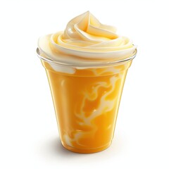Mango Yogurt Dessert in Plastic Cup Plastic cup filled with swirled mango yogurt, creating a visually appealing and delicious looking dessert