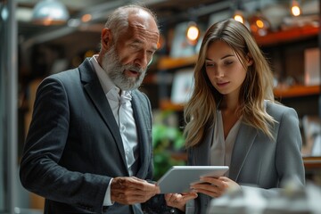 Fototapeta premium Professional executives discussing digital project on tablet in office meeting