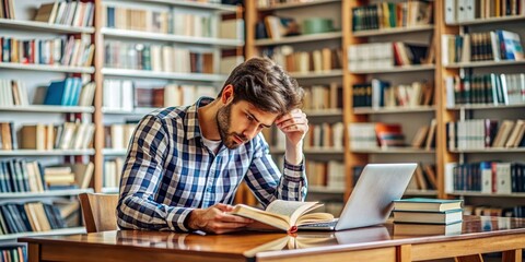 Concentrated Student Studying in Library with Books and Laptop