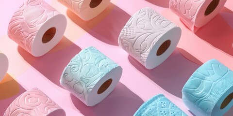 Colorful Toilet Paper Rolls on Pink Background