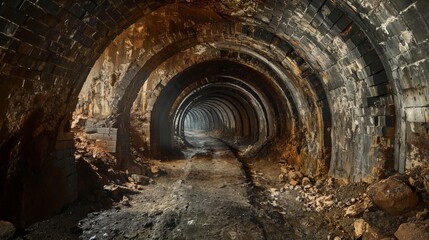 Naklejka premium The eerie expanse of an abandoned mine tunnel, echoing the silent stories of its past.