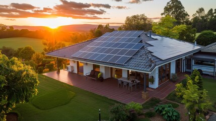 Obraz premium House with complete solar panels on the roof wall mounted heat pump and wall chargers for electric cars Surrounded by green with the sun setting in the background.