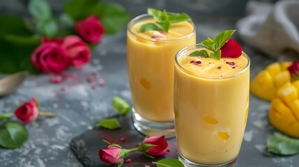 Yoghurt Lassi Drinks smoothie with mango and rose for ramadan iftar breakfast