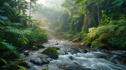 Fototapeta premium The beautiful rivers and streams in the rainforest are filled with lush greenery in the morning
