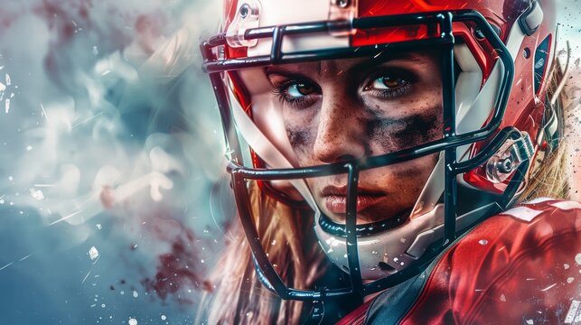 Photo of a female athlete in an American football uniform. Sports concept