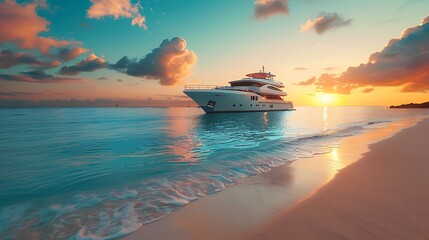 Obraz premium Wealthy for life: A serene beach scene with a luxurious yacht anchored nearby, crystal clear waters, and a beautiful sunset. Copy space for text, focus cover all aspects, deep depth of field, no dust