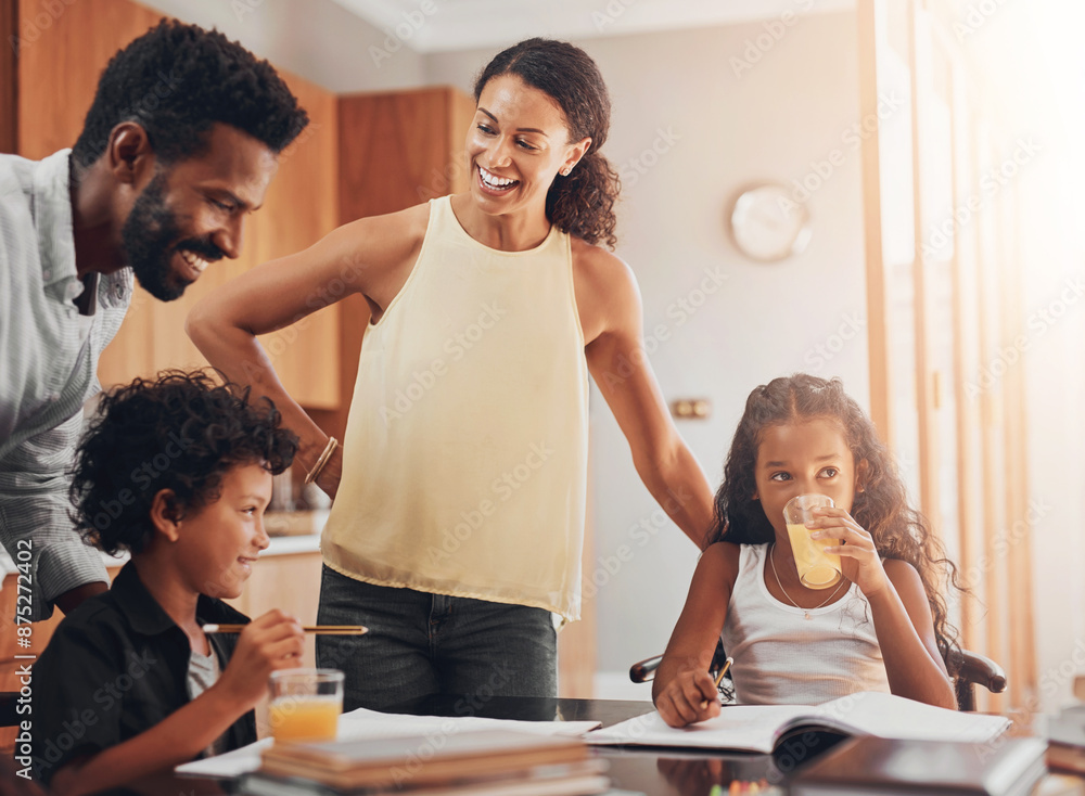 Sticker Happy family, morning and orange juice with homework for vitamin C, breakfast or education on kitchen table. Mother, father and children studying with help from parents for learning together at house