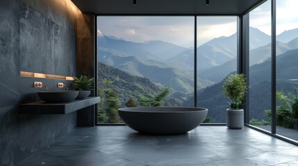 Minimalist bathroom with a dark bathtub and sink against a dark wall, light-filled room with large windows overlooking mountains