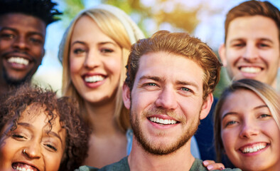 Selfie, diversity and portrait of friends in nature with smile, happiness and together for summer...