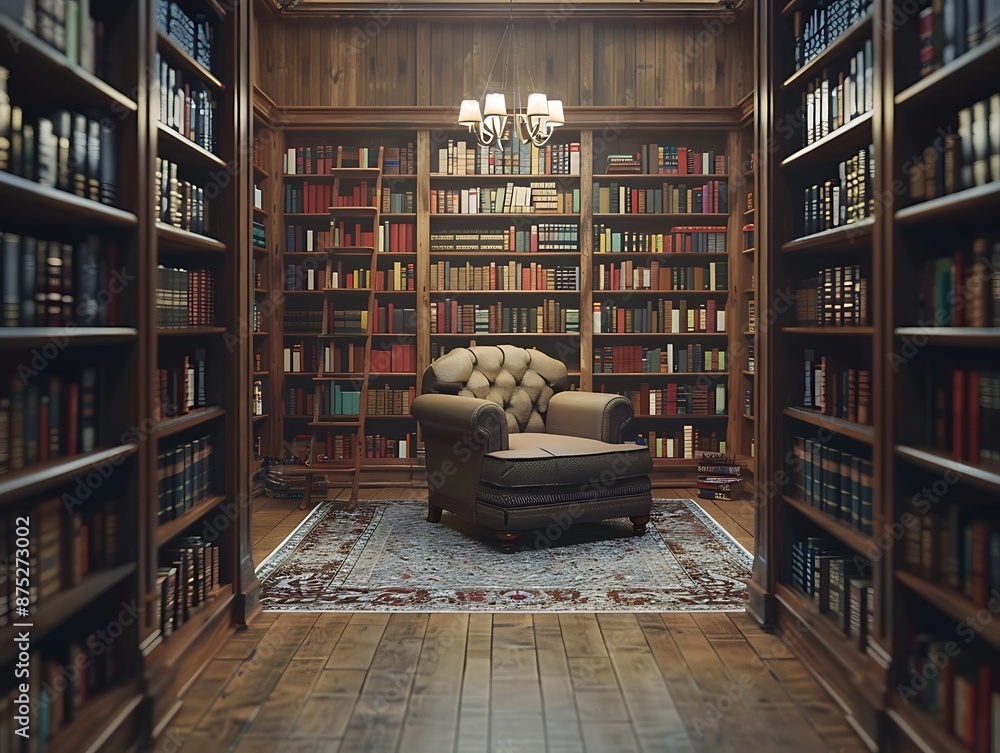 Aufkleber dare to think: a quiet library with rows of books and a cozy reading nook, symbolizing knowledge and