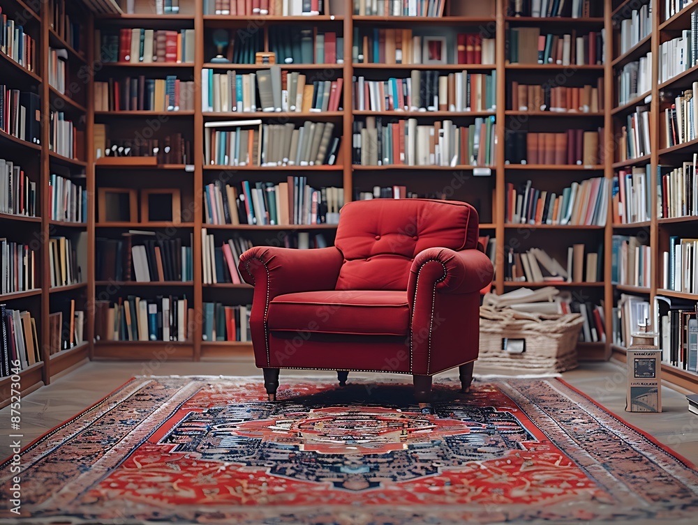 Aufkleber dare to think: a quiet library with rows of books and a cozy reading nook, symbolizing knowledge and