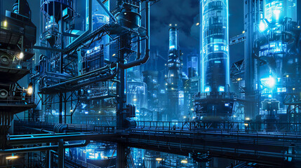 Fototapeta premium Innovative industrial plants featuring holographic images and modern technological advancements