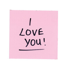 pink sticky note with the words i love you, transparent background