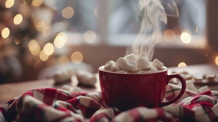 Steaming hot cocoa with marshmallows in a cozy setting, food, winter warmth