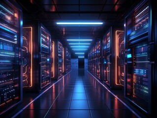 Dark theme server room with rows of glowing data racks and cables