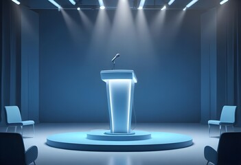 A grand, ornate podium or lectern made of wood and gold-colored decorative elements, set in a large, ornate interior space mockup