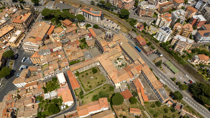 Aerial view of the Santa Rosa monastery in Viterbo, Lazio, Italy. The church has an external cloister and is a Catholic building of worship in the historic center of the city.