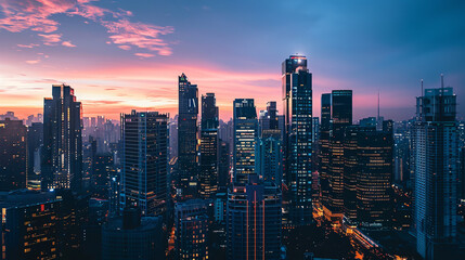Fototapeta premium Global metropolis skyline at dusk, symbolizing urban globalization.