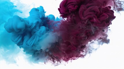 Obraz premium A bright cerulean and maroon smoke burst, merging vividly on a white background, offering a visually stunning and intense effect.