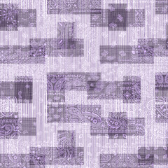 Blue paisley bandana fabric patchwork wallpaper vintage vector seamless pattern